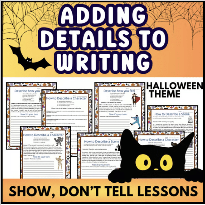 Show Don't Tell lessons Halloween theme. How To Add Details with worksheets and black cat